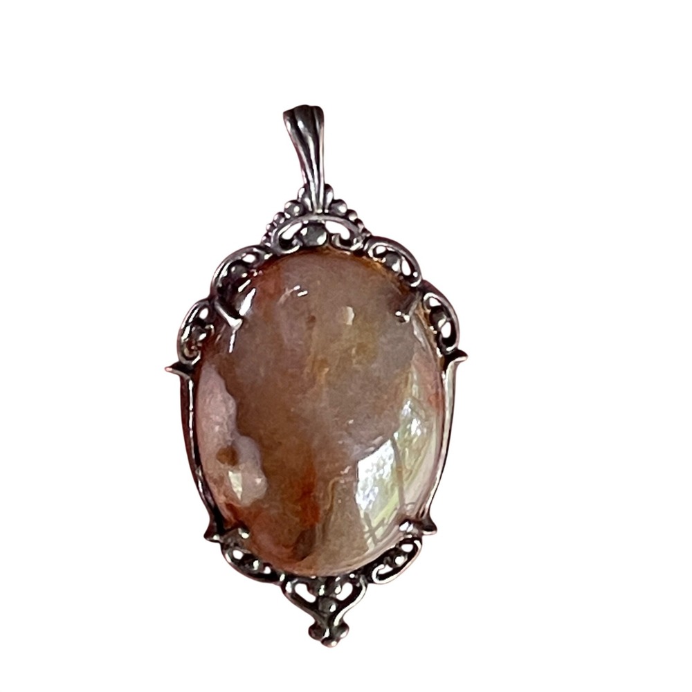 Vintage Sterling Silver Agate Filigree Oval Cabochon Statement Pendant Victorian